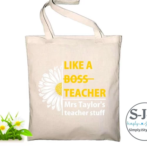 Portrait in orientation, 38 x 43cm, with long handles for carrying over the shoulder. Cotton fabric weight is 170 gsm (approx 5oz). 100% Natural Cotton Personalised Teacher's Tote Bag