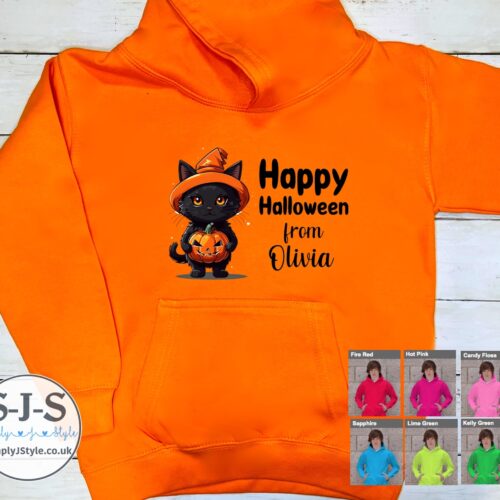 Personalised Happy Halloween Cat Hoodie Orange