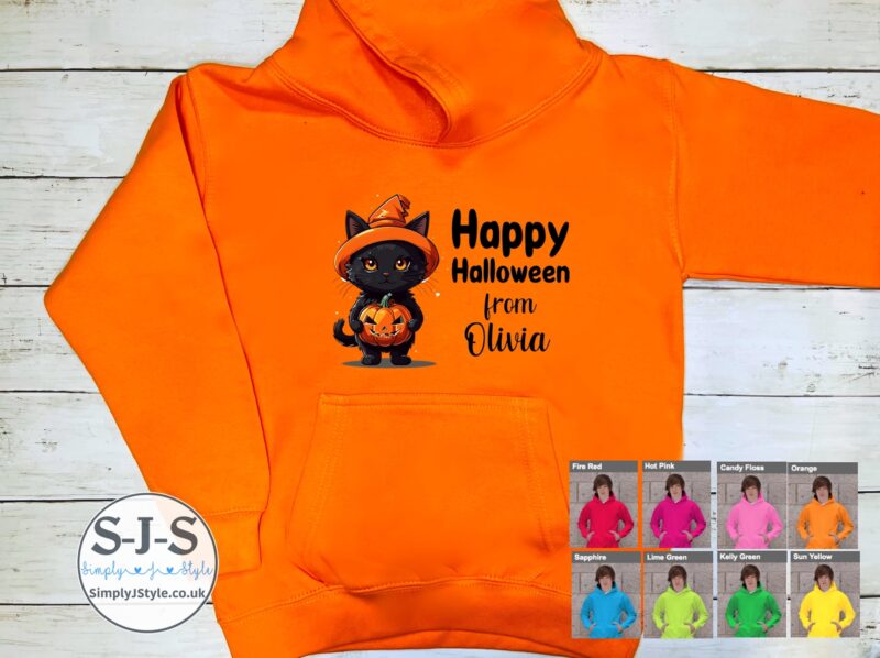 Personalised Happy Halloween Cat Hoodie Orange