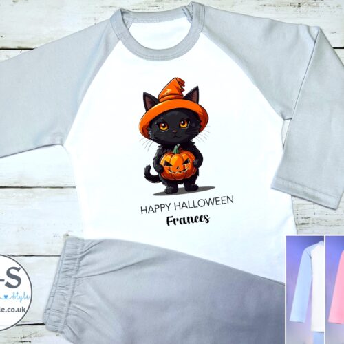 Personalised Happy Halloween Cat Kids Pyjamas Grey