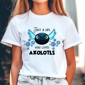 Child wearing a white T-shirt with a cute axolotl graphic and the text “Just a Girl Who Loves Axolotls” – unisex kids shirt, ages 2–13.