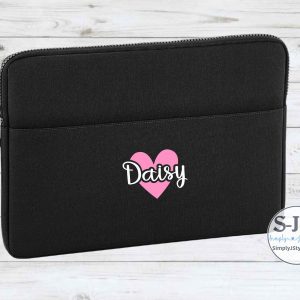 Black personalised laptop sleeve with custom name 'Daisy' over a Pink heart design, padded case with zip closure and front pocket, ideal for 13-inch and 15.6-inch laptops