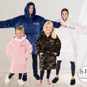 Matching personalised oversized hooded blanket oodies for family – navy, white, pink and camo fleece with names for adults and kids