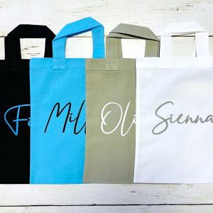 Personalised cotton party bags in multiple colours with names printed – eco-friendly kids goody bags, ideal for birthdays and events, UK fast delivery