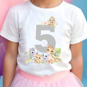 Child wearing a white personalised safari birthday t-shirt with cute jungle animals and a large number 5, ideal for kids aged 2–13