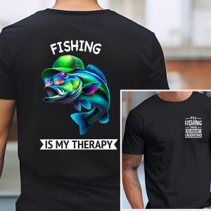 Back of black fishing T-shirt with colourful fish and text "Fishing Is My Therapy"