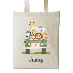 Personalised safari animals cotton party bag with cute jungle animals in a jeep, name "James" on natural eco-friendly fabric